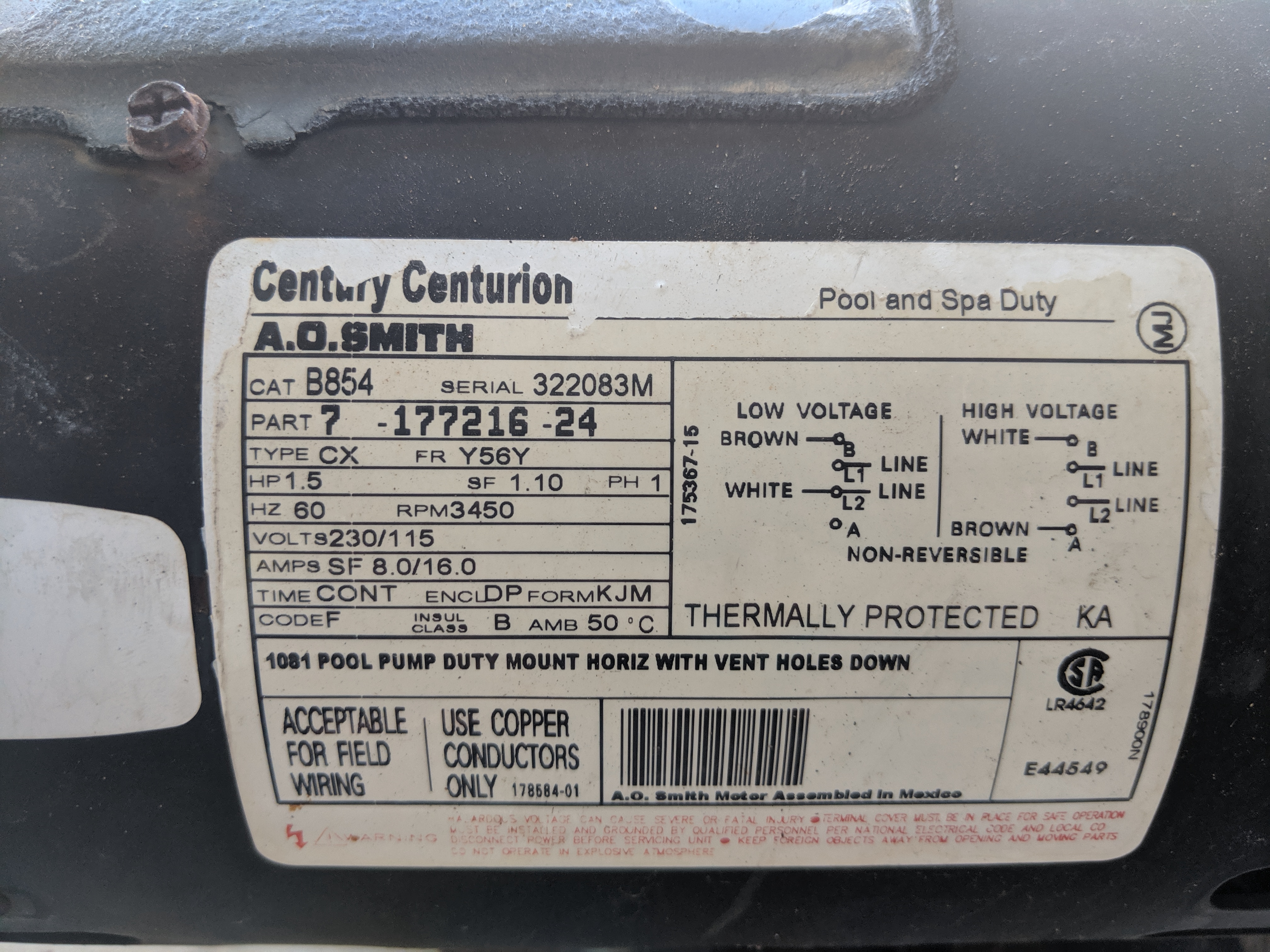 Century (A.O. Smith) 1.65 HP Motor, V-Green, Square Flange 48Y, Variable Speed - Model ECM16SQU