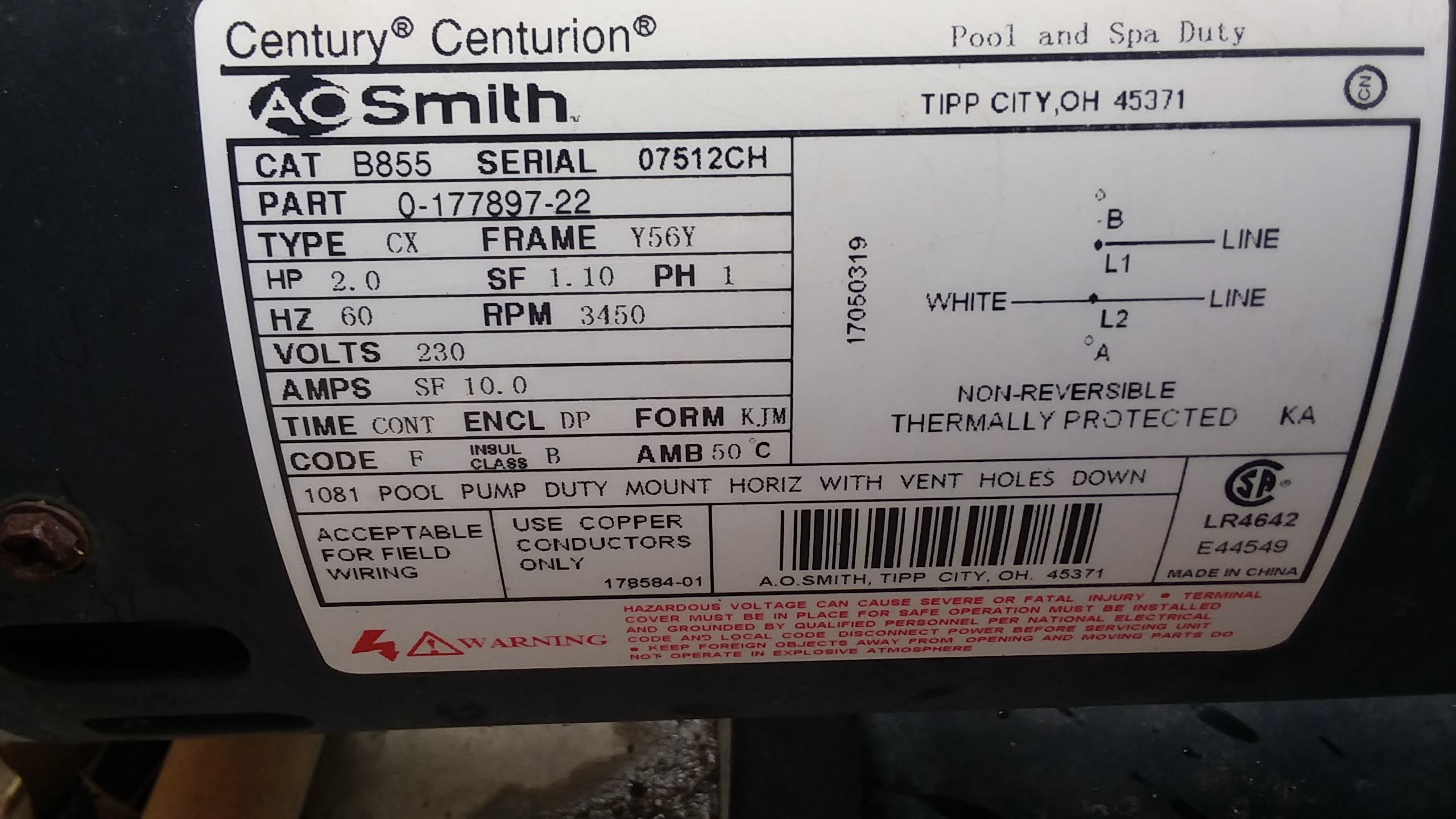Century (A.O. Smith) 1.65 HP Motor, V-Green, Square Flange 48Y, Variable Speed - Model ECM16SQU