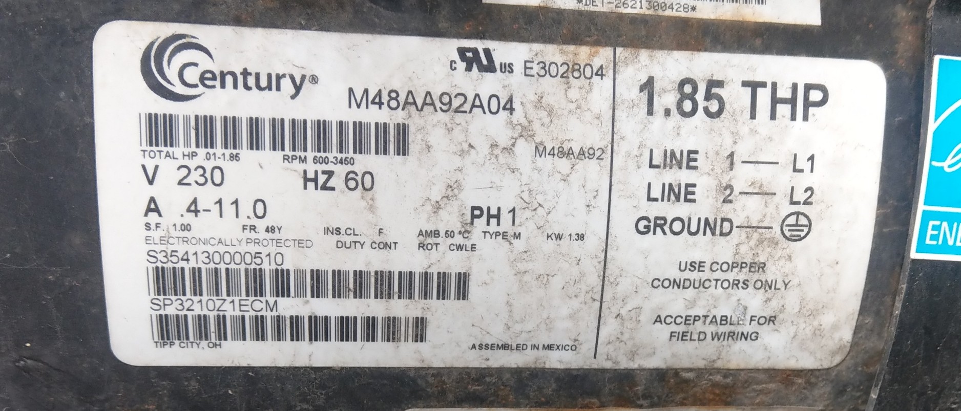 Century (A.O. Smith) 1.65 HP Motor, V-Green, Square Flange 48Y, Variable Speed - Model ECM16SQU