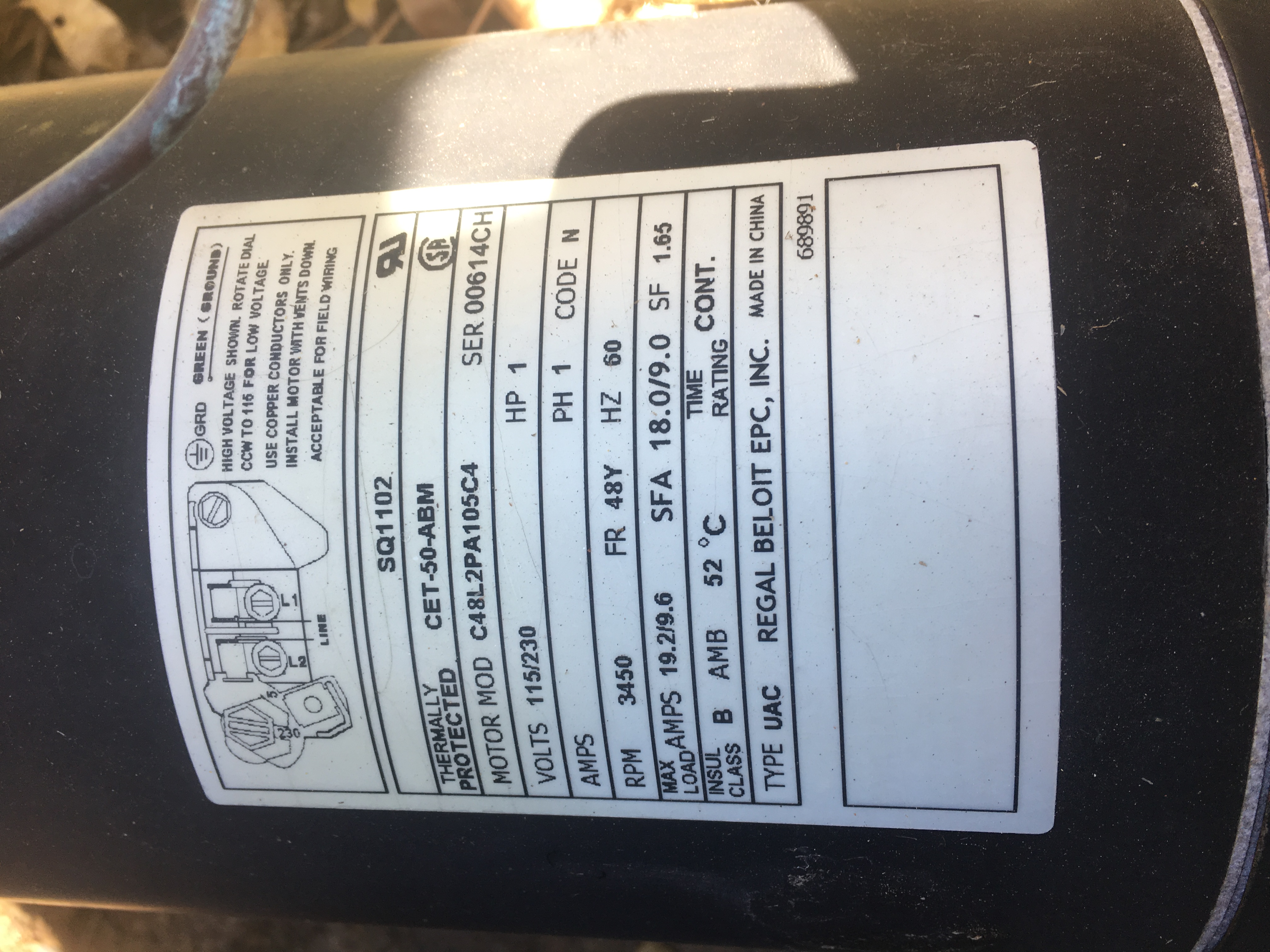 Century (A.O. Smith) 1.65 HP Motor, V-Green, Square Flange 48Y, Variable Speed - Model ECM16SQU