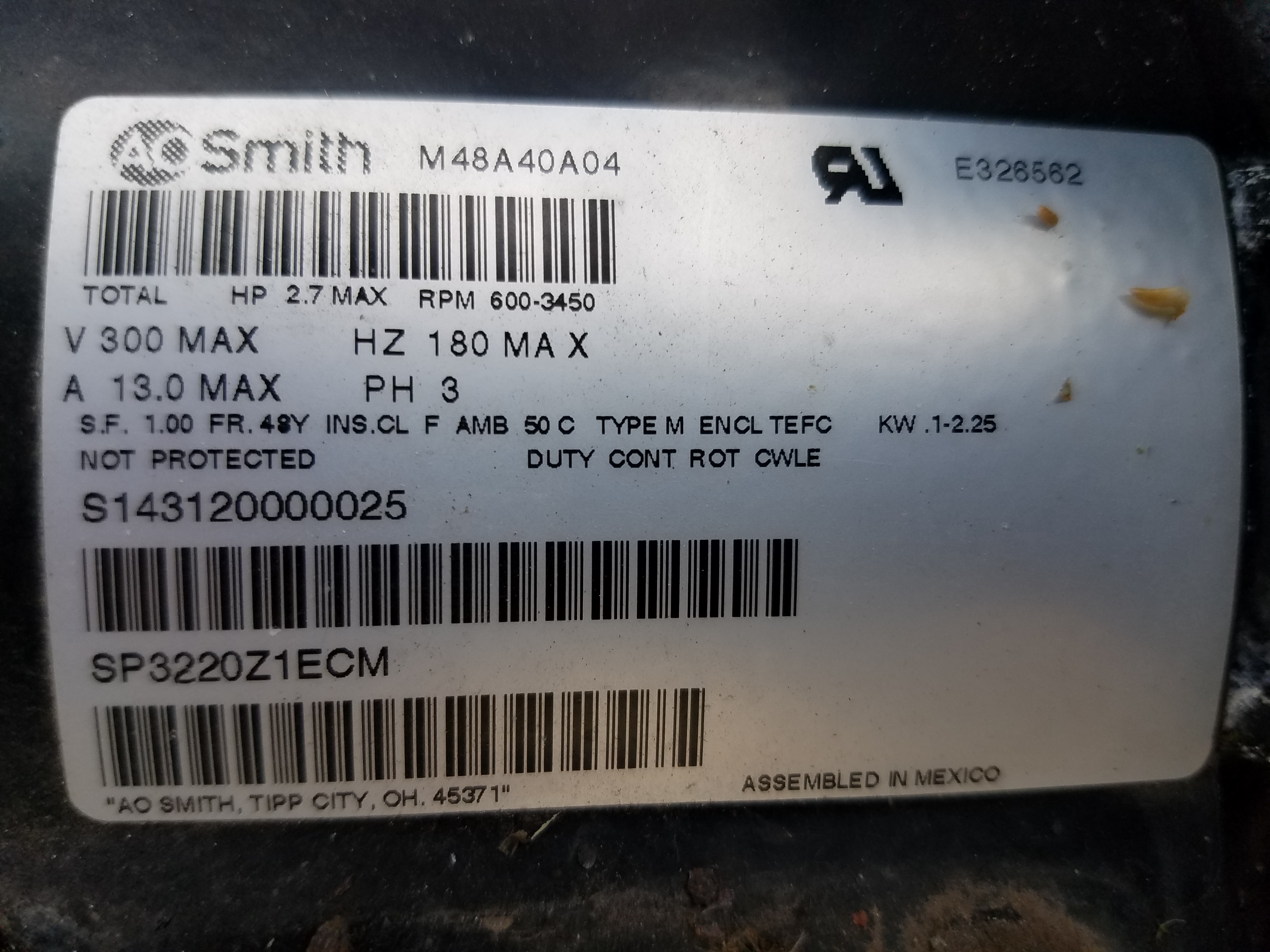 A.O. Smith Discontinued V-Green 2.7 HP Square Flange 48Y Variable Speed Motor - ECM27SQU