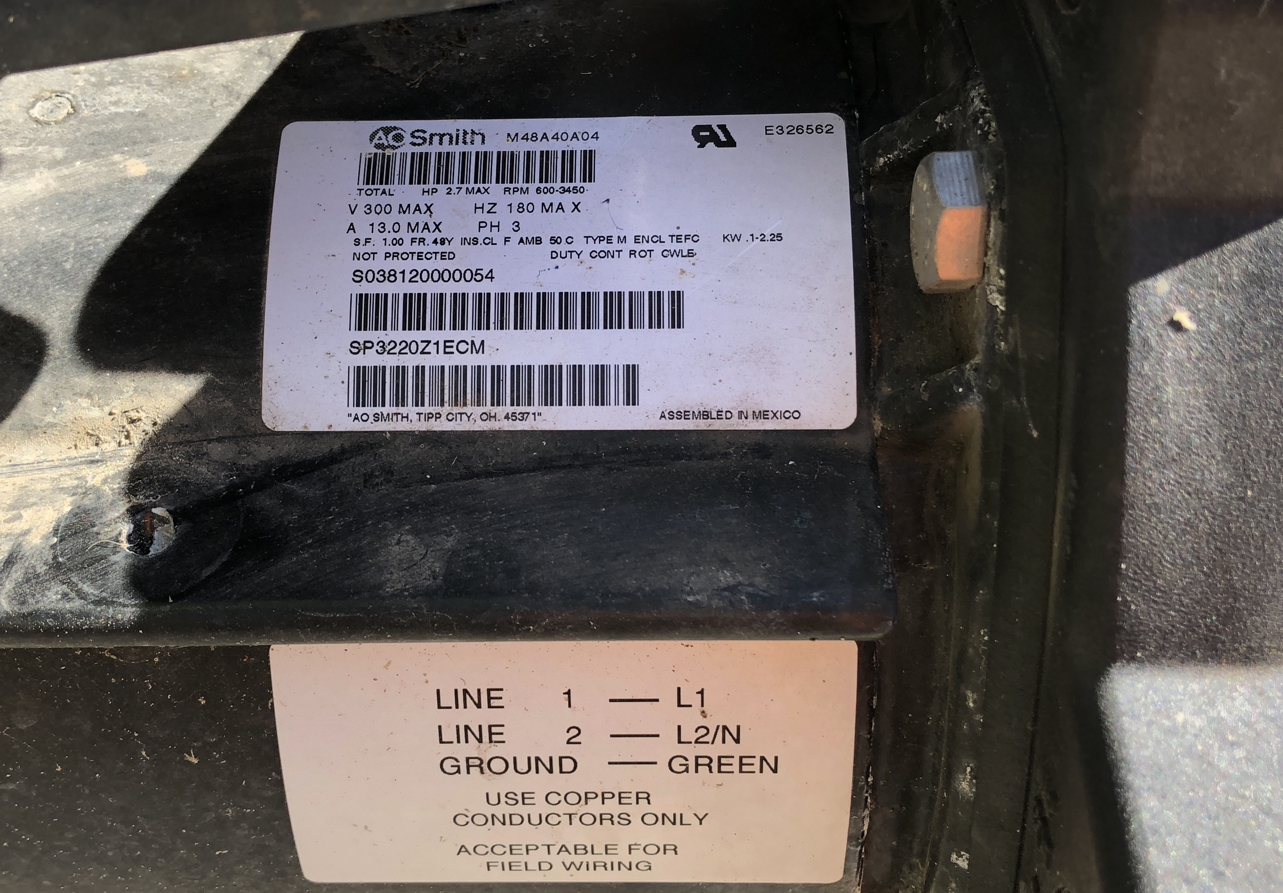 A.O. Smith Discontinued V-Green 2.7 HP Square Flange 48Y Variable Speed Motor - ECM27SQU