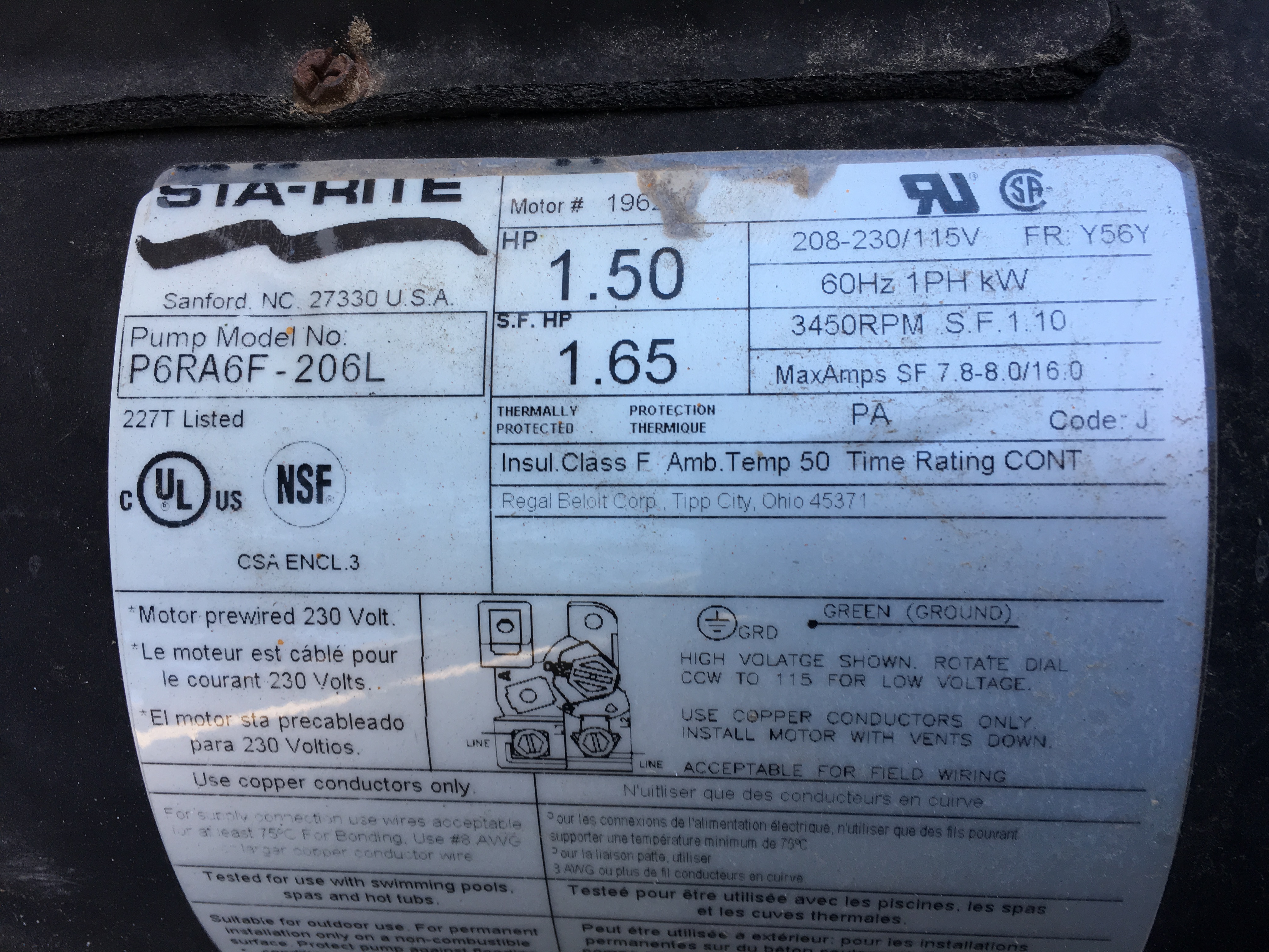 Century® (A.O. Smith) 1.5 HP Up-Rate Pool Pump Motor - USQ1152  Square Flange | 48Y Frame | Single Speed