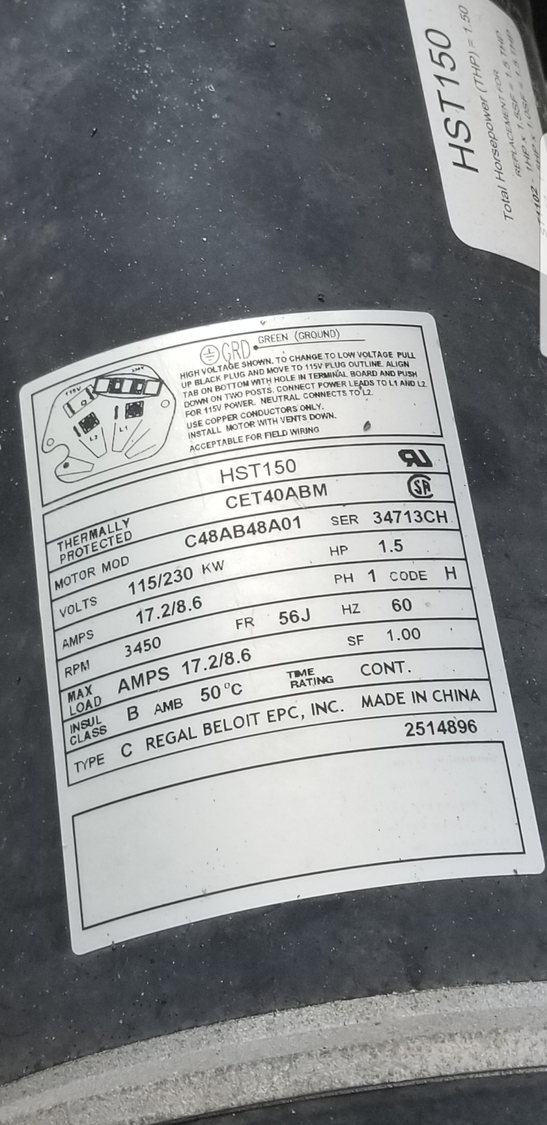 A.O. Smith Century® UST1152 - 1.5 HP Replacement Pool Pump Motor  Round Flange | 56J Frame | Single Speed