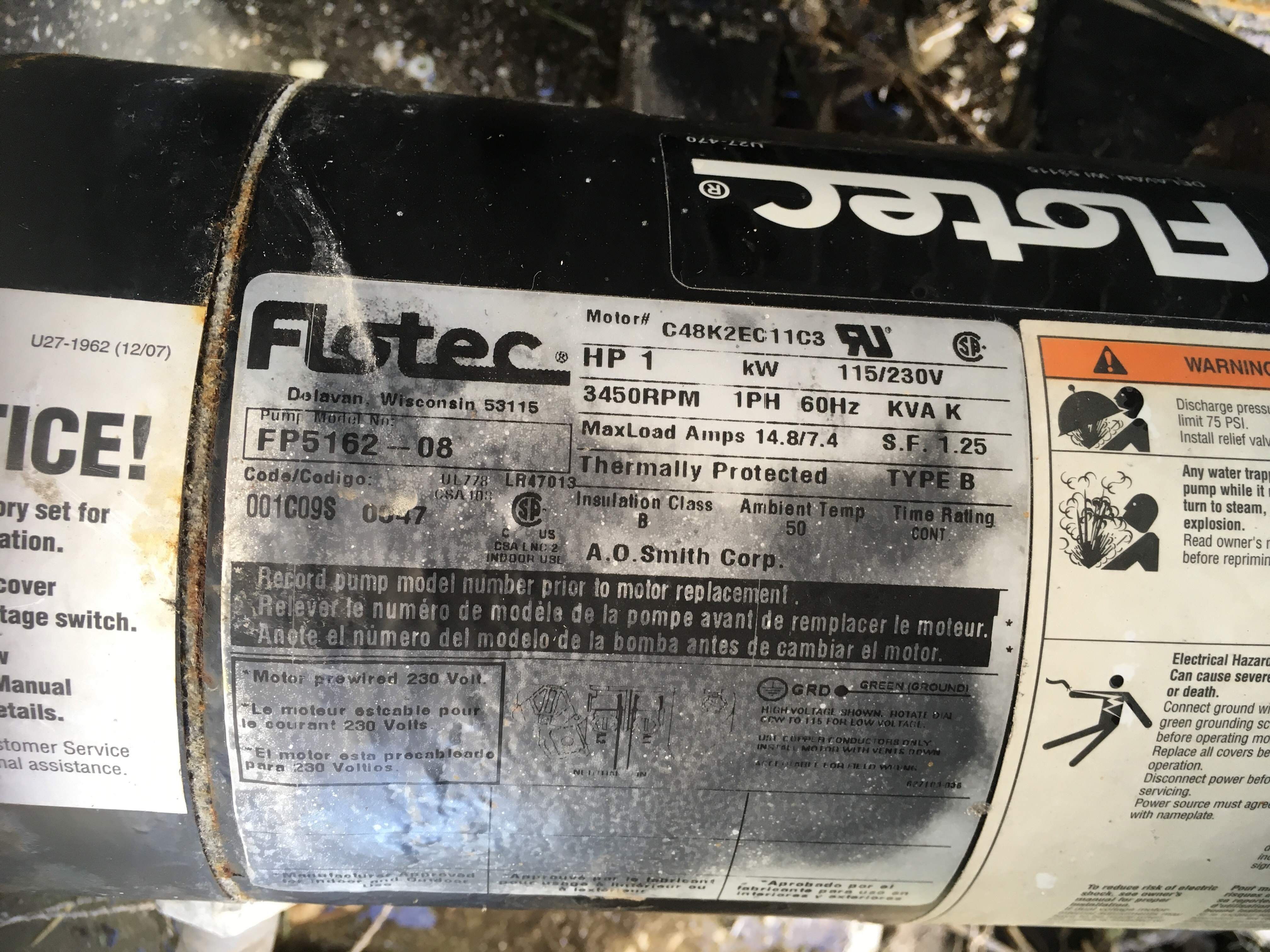 A.O. Smith Century® 1.0 HP Up-Rated Pool Pump Motor - USQ1102  Single Speed | Square Flange | 48Y Frame