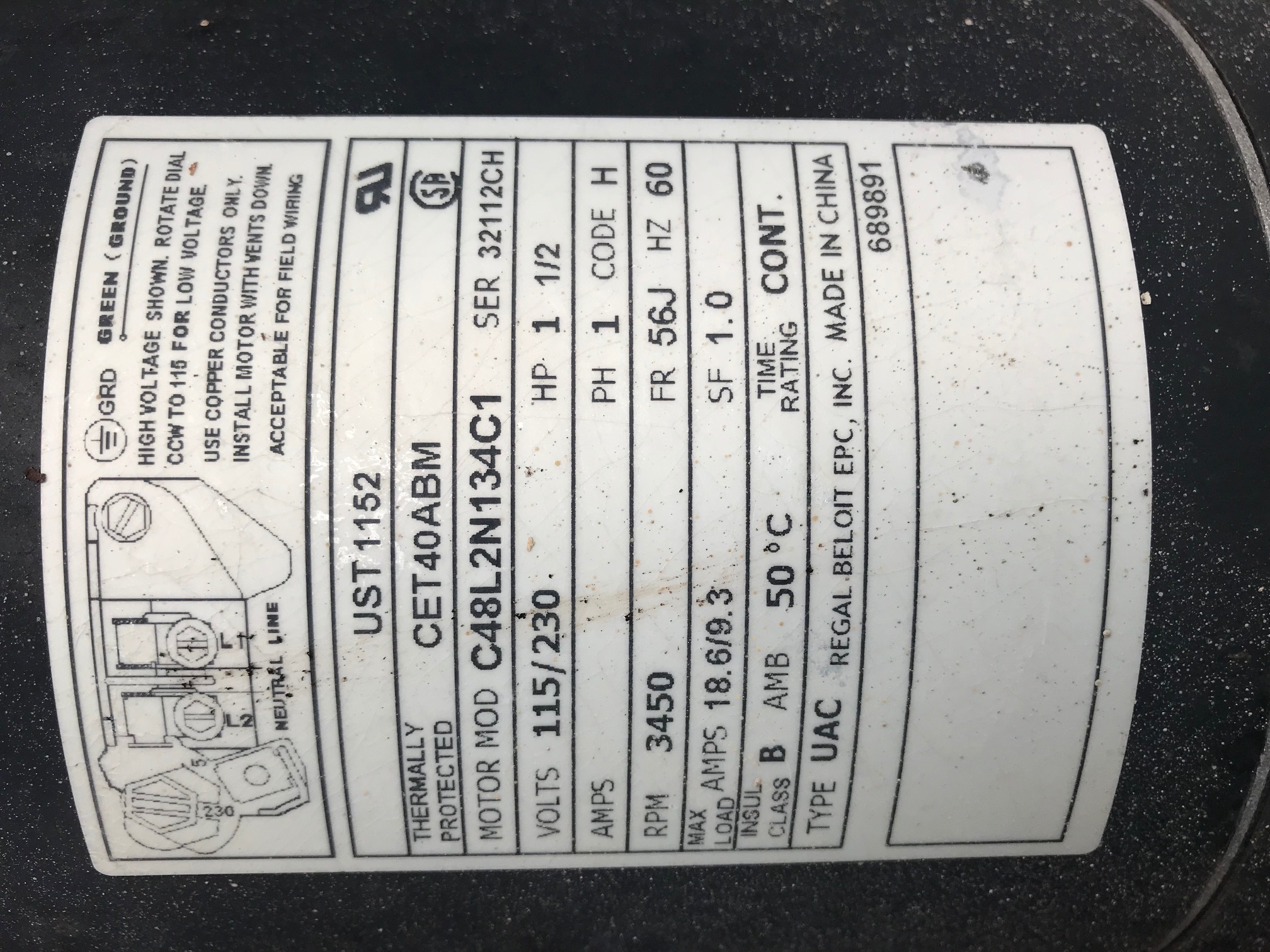 Century (A.O. Smith) 1.65 HP Motor, V-Green, Square Flange 48Y, Variable Speed - Model ECM16SQU