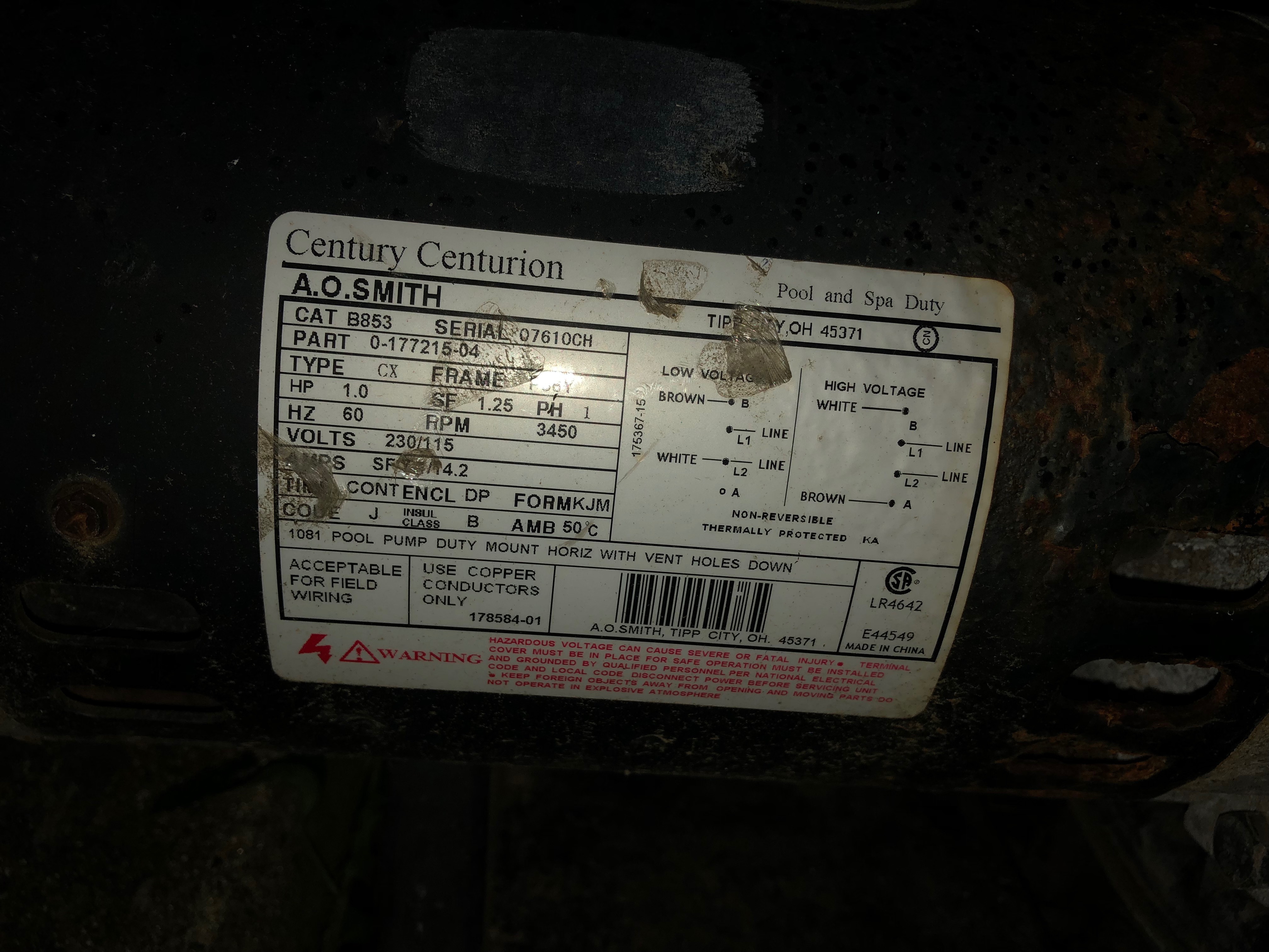 Century (A.O. Smith) 1.0 HP Up Rate Motor, Square Flange 56Y Frame, Single Speed - Model B2853