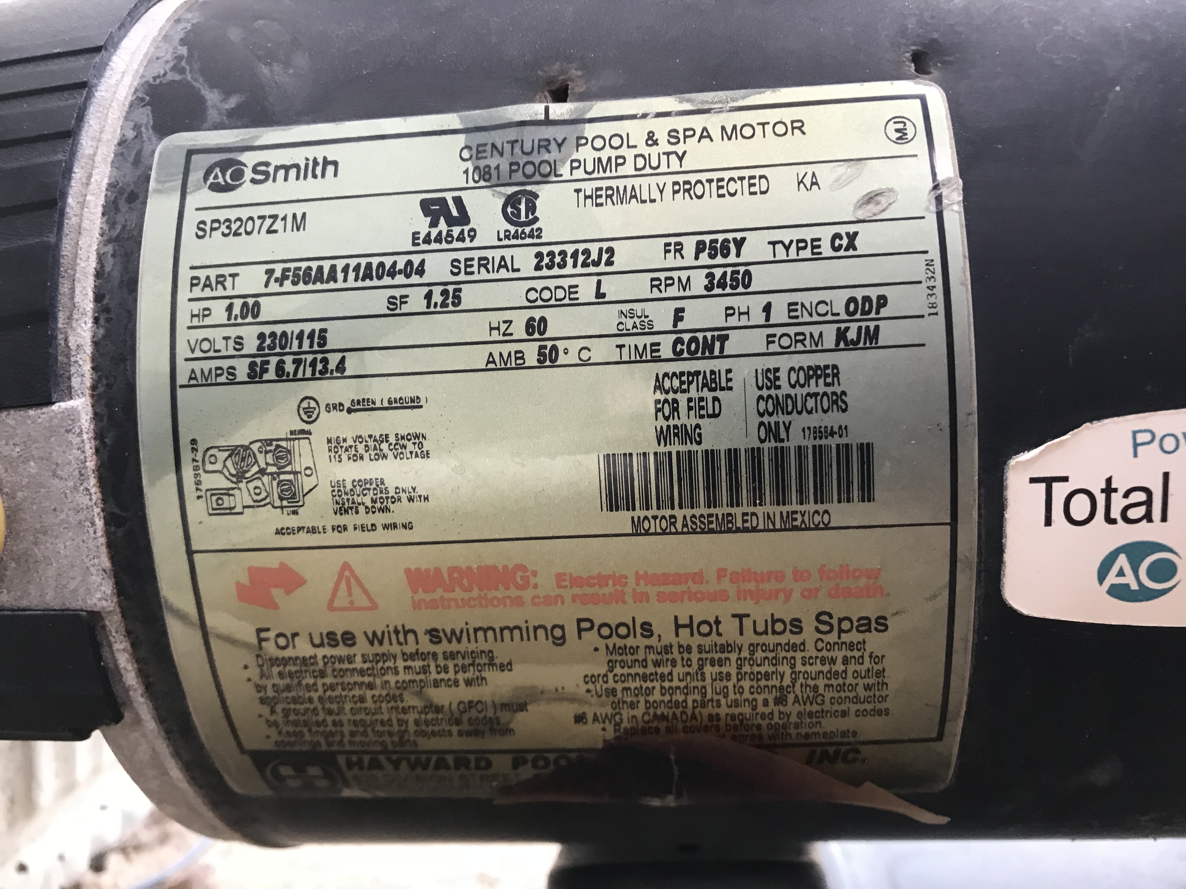 Century (A.O. Smith) 1.0 HP Up Rate Motor, Square Flange 56Y Frame, Single Speed - Model B2853