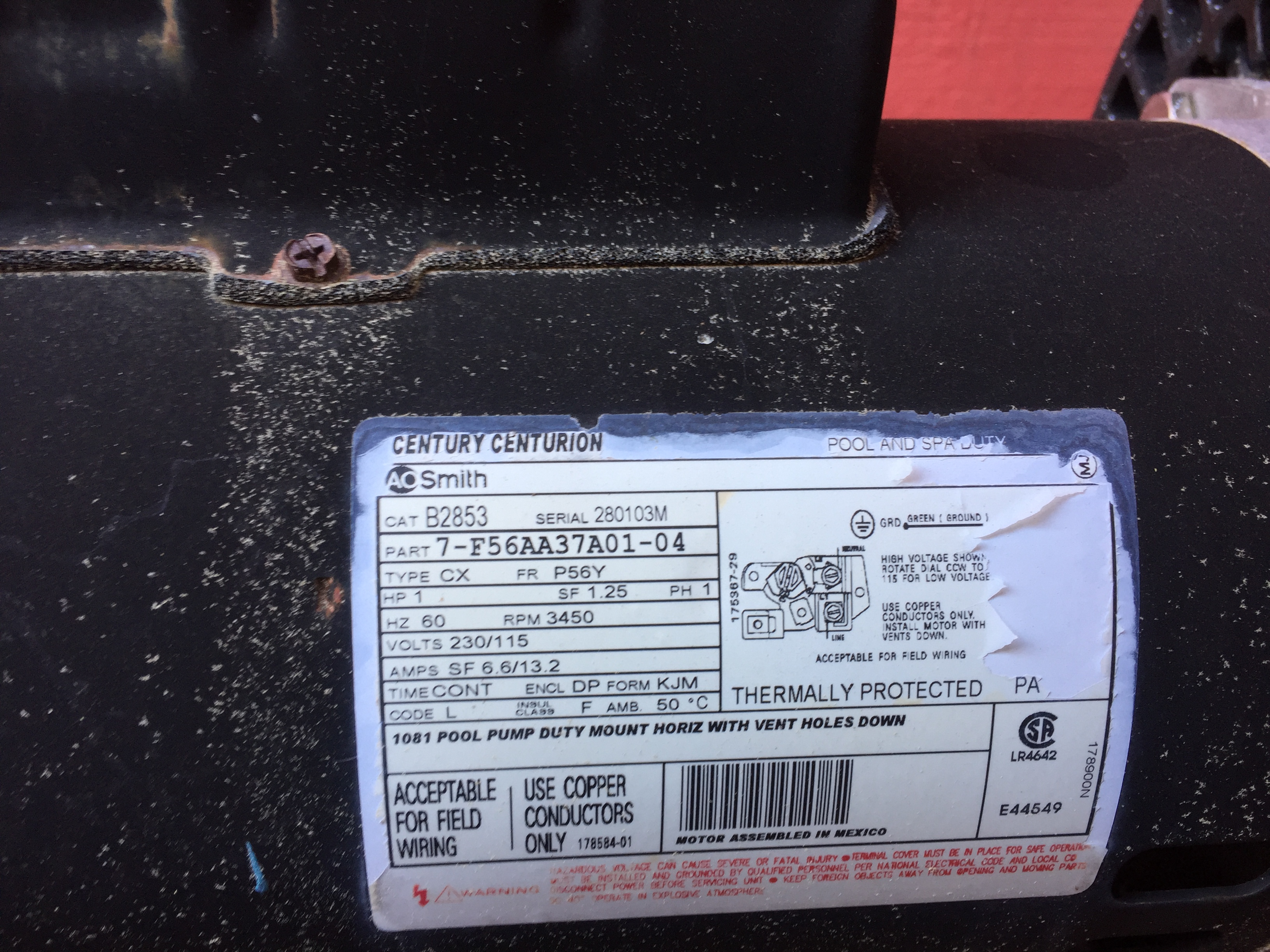 Century (A.O. Smith) 1.0 HP Up Rate Motor, Square Flange 56Y Frame, Single Speed - Model B2853