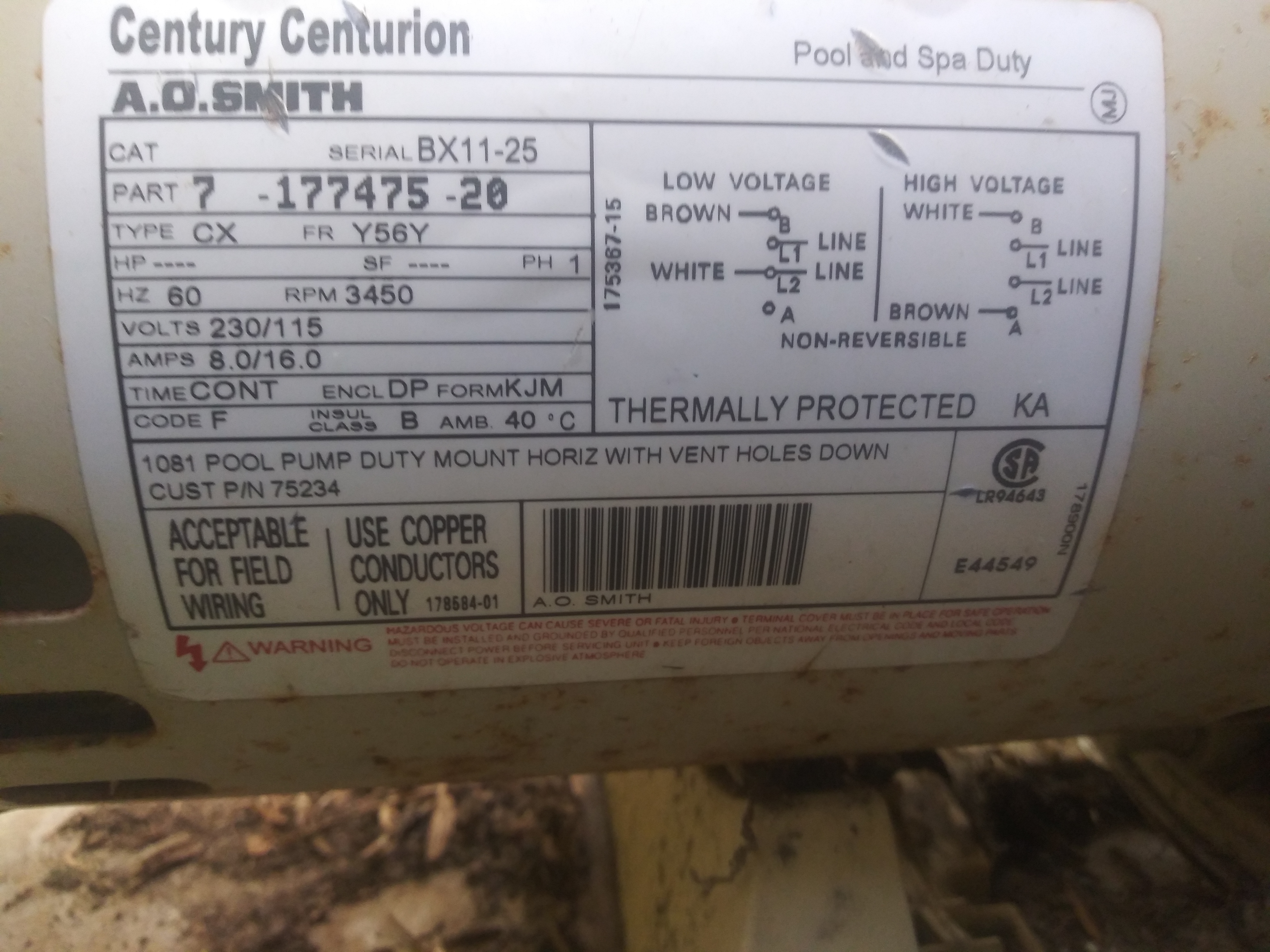 Century (A.O. Smith) 1.0 HP Up Rate Motor, Square Flange 56Y Frame, Single Speed - Model B2853