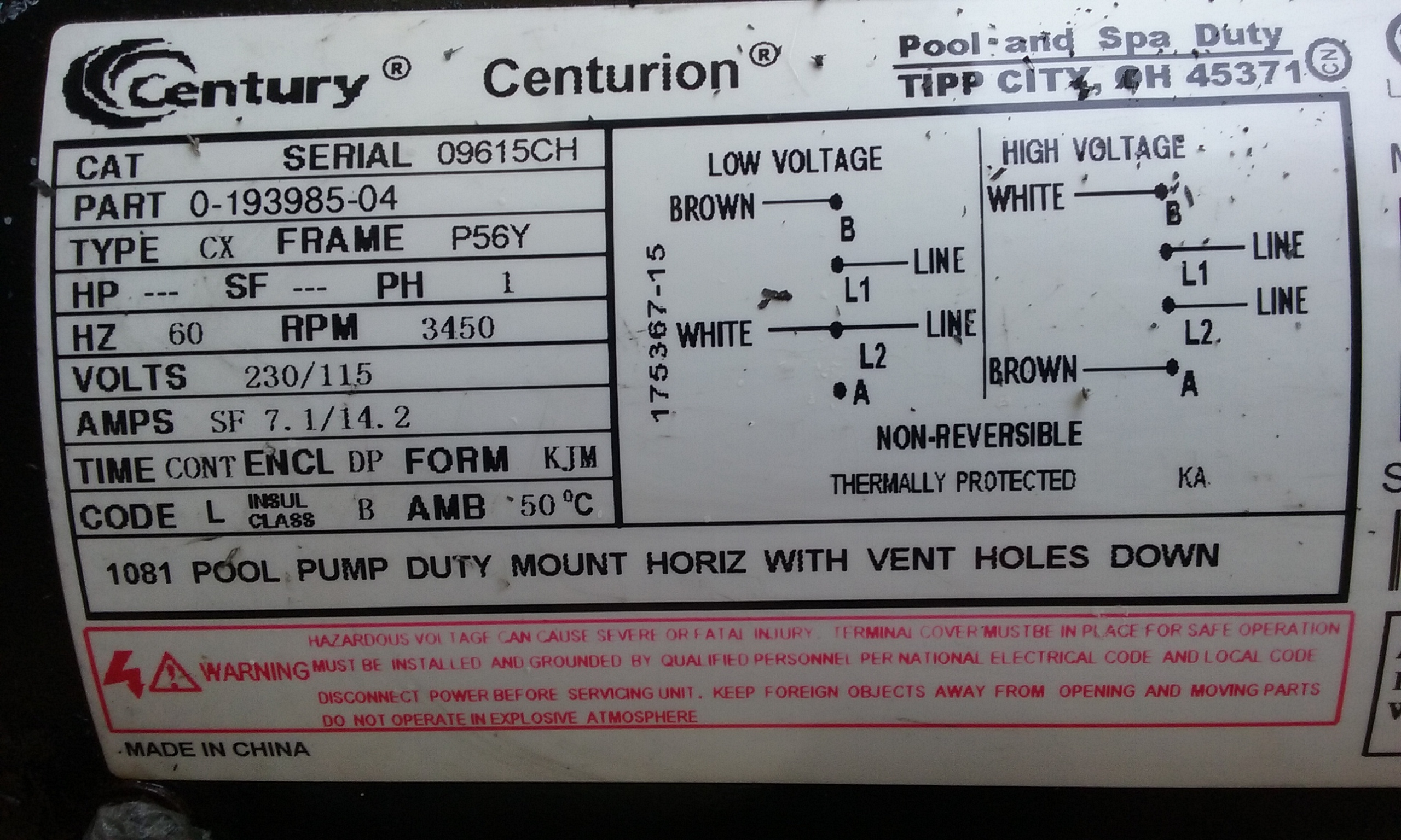 Century (A.O. Smith) 1.0 HP Up Rate Motor, Square Flange 56Y Frame, Single Speed - Model B2853