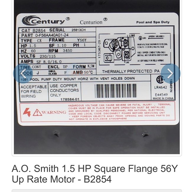Century (A.O. Smith) 1.5 HP Up Rate Motor, Square Flange 56Y Frame, Single Speed - Model B2854V1, B2854,