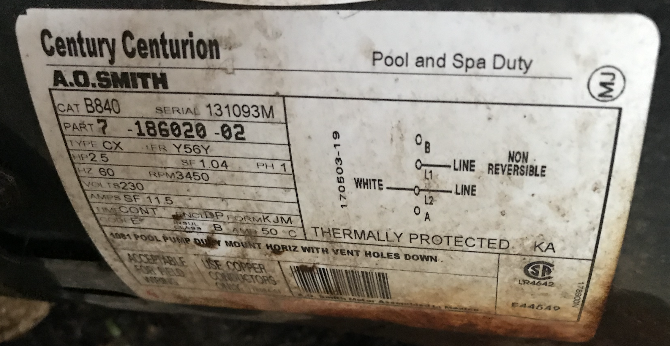 Magnetek Century® (A.O. Smith) 2.5 HP Up-Rate Pool Pump Motor - B2840  Square Flange | 56Y Frame | Single Speed - B2840/B2840V1