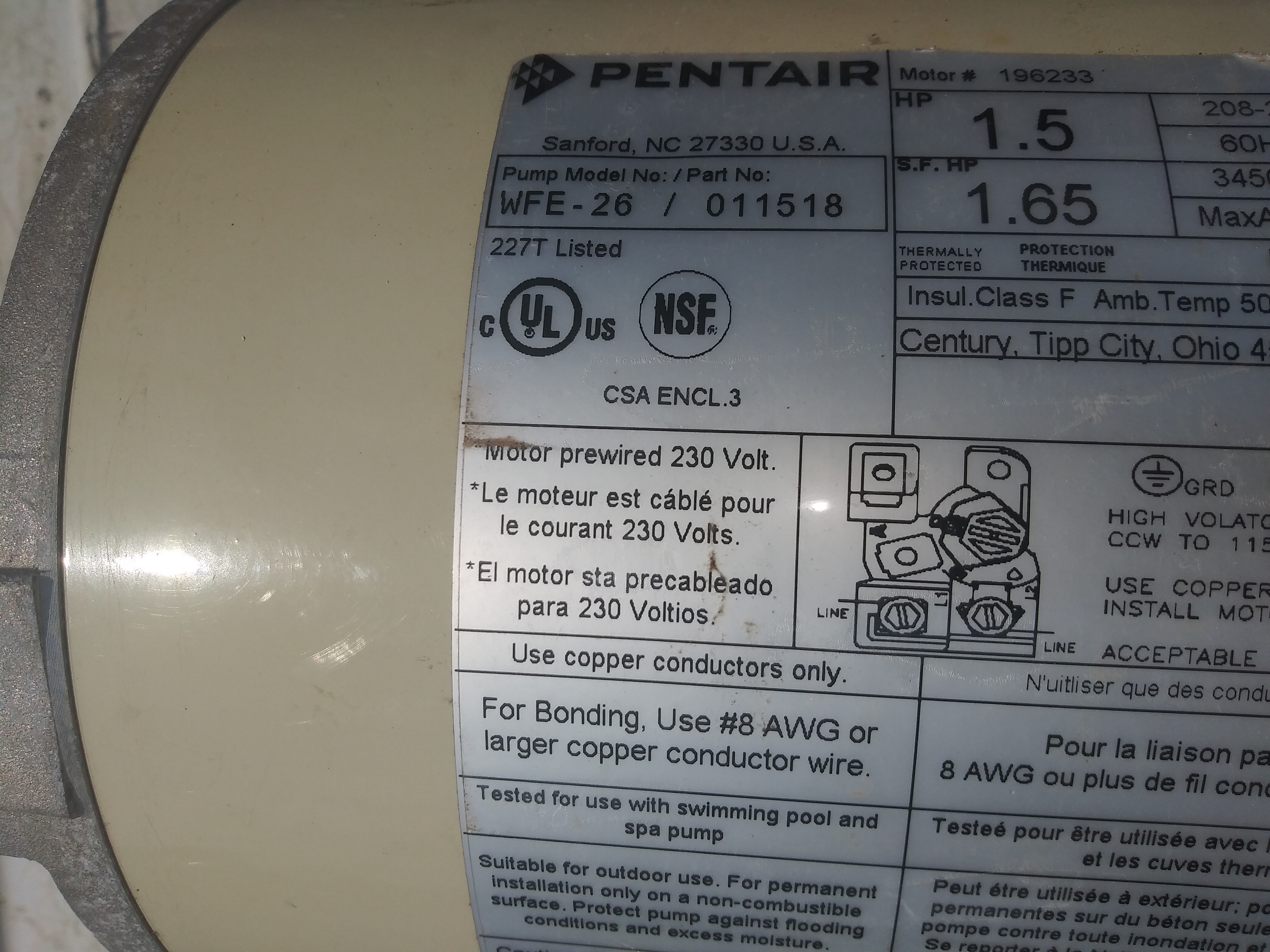 Pentair OEM Motor WFE4/WF26 1HP Almond 355010S