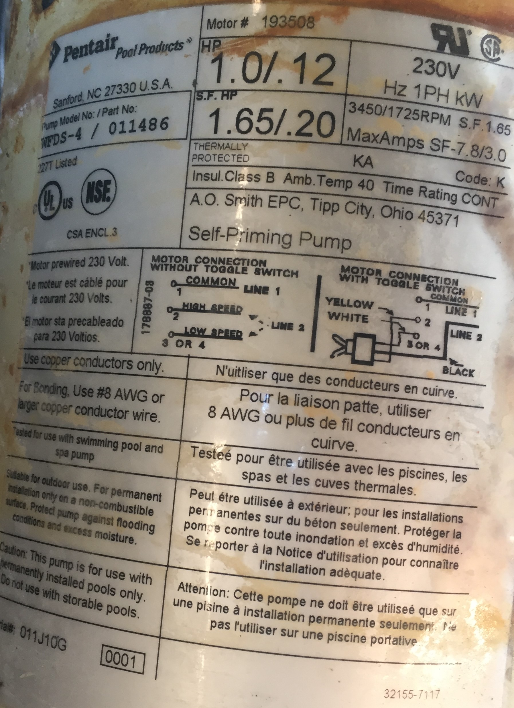 Pentair OEM Motor WFE4/WF26 1HP Almond 355010S